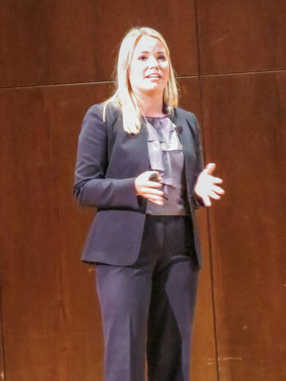 <p dir="ltr">UF Student Body President Susan Webster speaks to students and faculty members in the University Auditorium during the State of the Campus Address on Tuesday night. Webster outlined Student Government’s recent accomplishments and goals.</p>