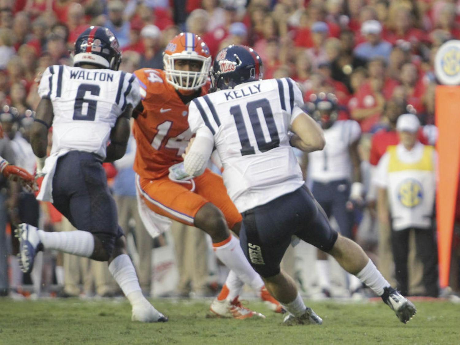 UF defensive end Alex McCalister attempts to sack Ole Miss quarterback Chad Kelly during Florida's 38-10 win against the Rebels on Oct. 3, 2015, at Ben Hill Griffin Stadium.