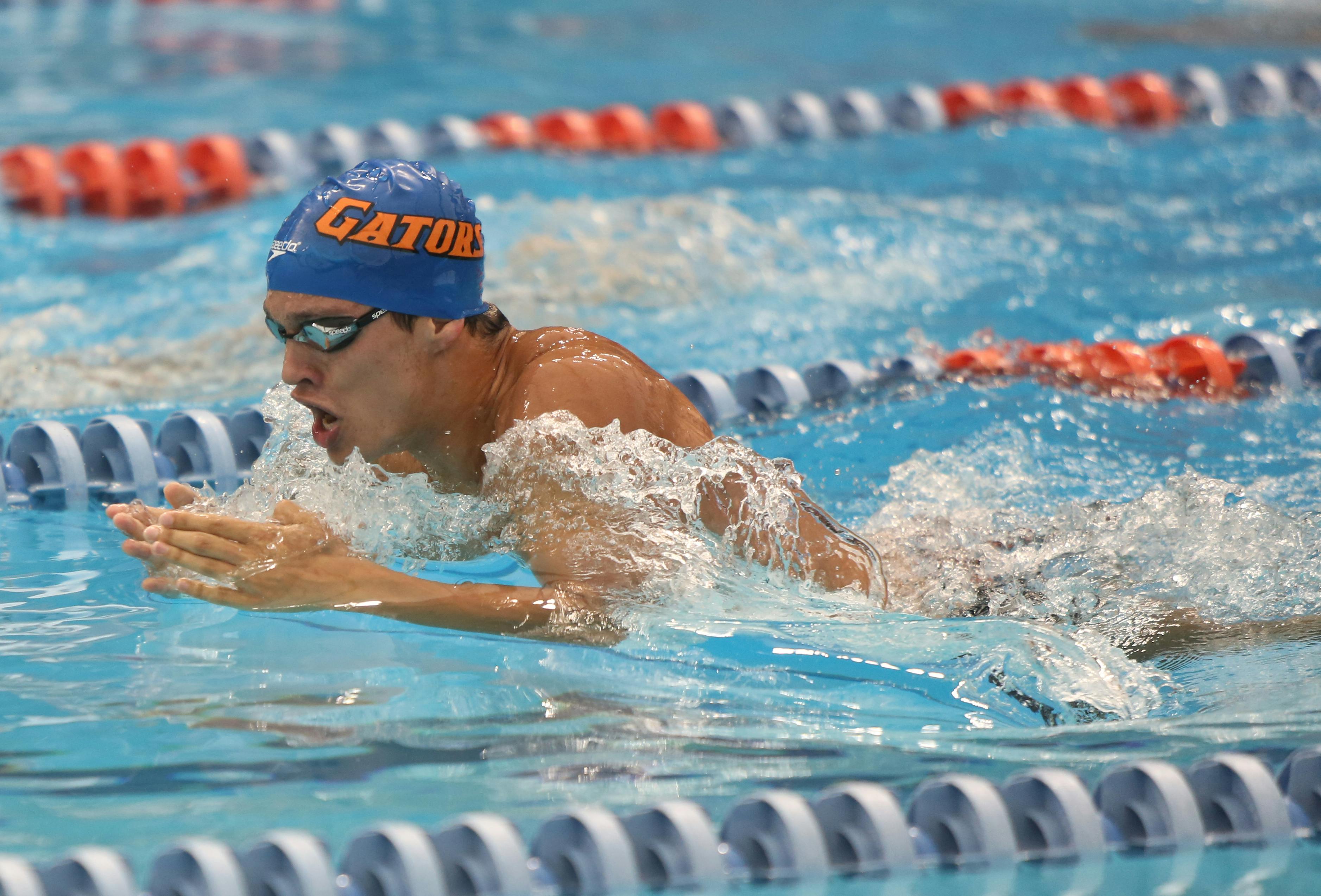 Eduardo Solaeche-Gomez competes in the men's open 400 IM at the Pinch a Penny All-Florida Invitation at the Stephen C. O'Connell Center on Sept. 28, 2013.