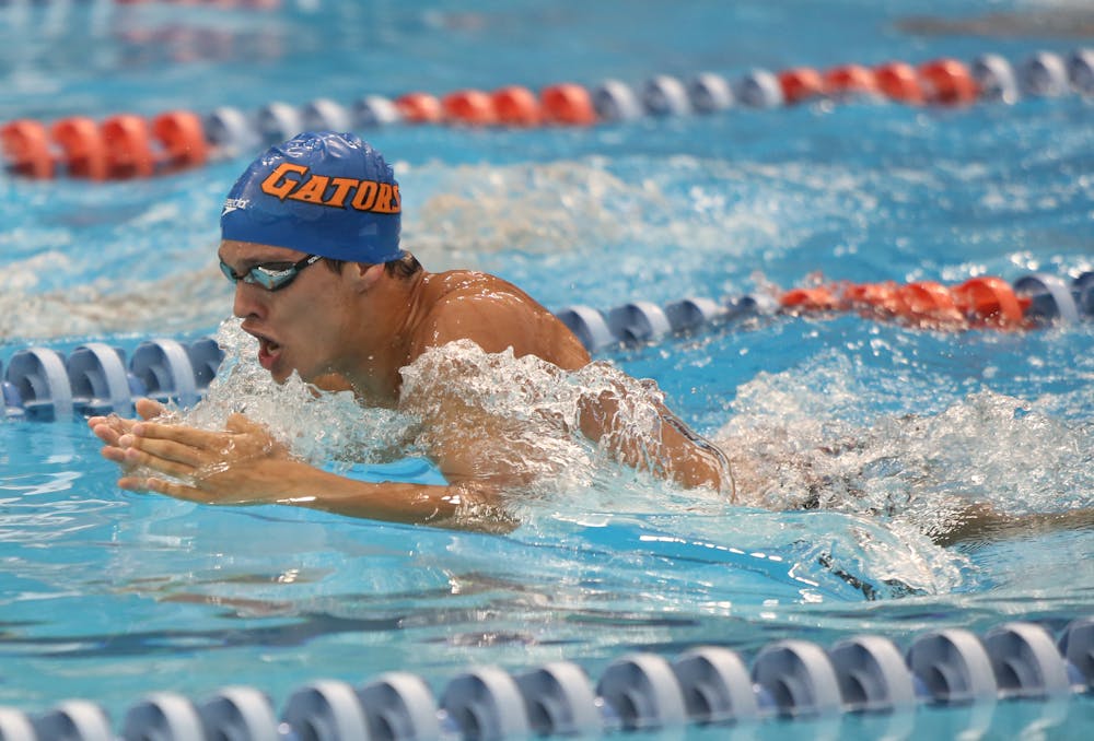 <p>Eduardo Solaeche-Gomez competes in the men's open 400 IM at the Pinch a Penny All-Florida Invitation at the Stephen C. O'Connell Center on Sept. 28, 2013.</p>