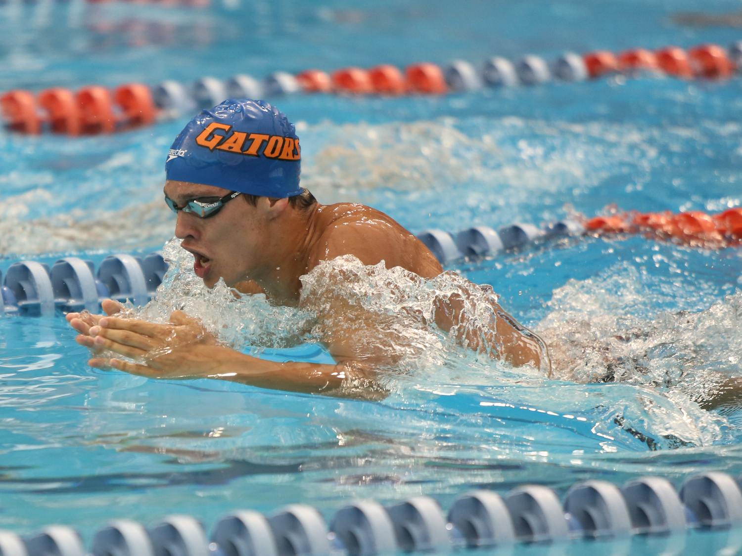 Eduardo Solaeche-Gomez competes in the men's open 400 IM at the Pinch a Penny All-Florida Invitation at the Stephen C. O'Connell Center on Sept. 28, 2013.