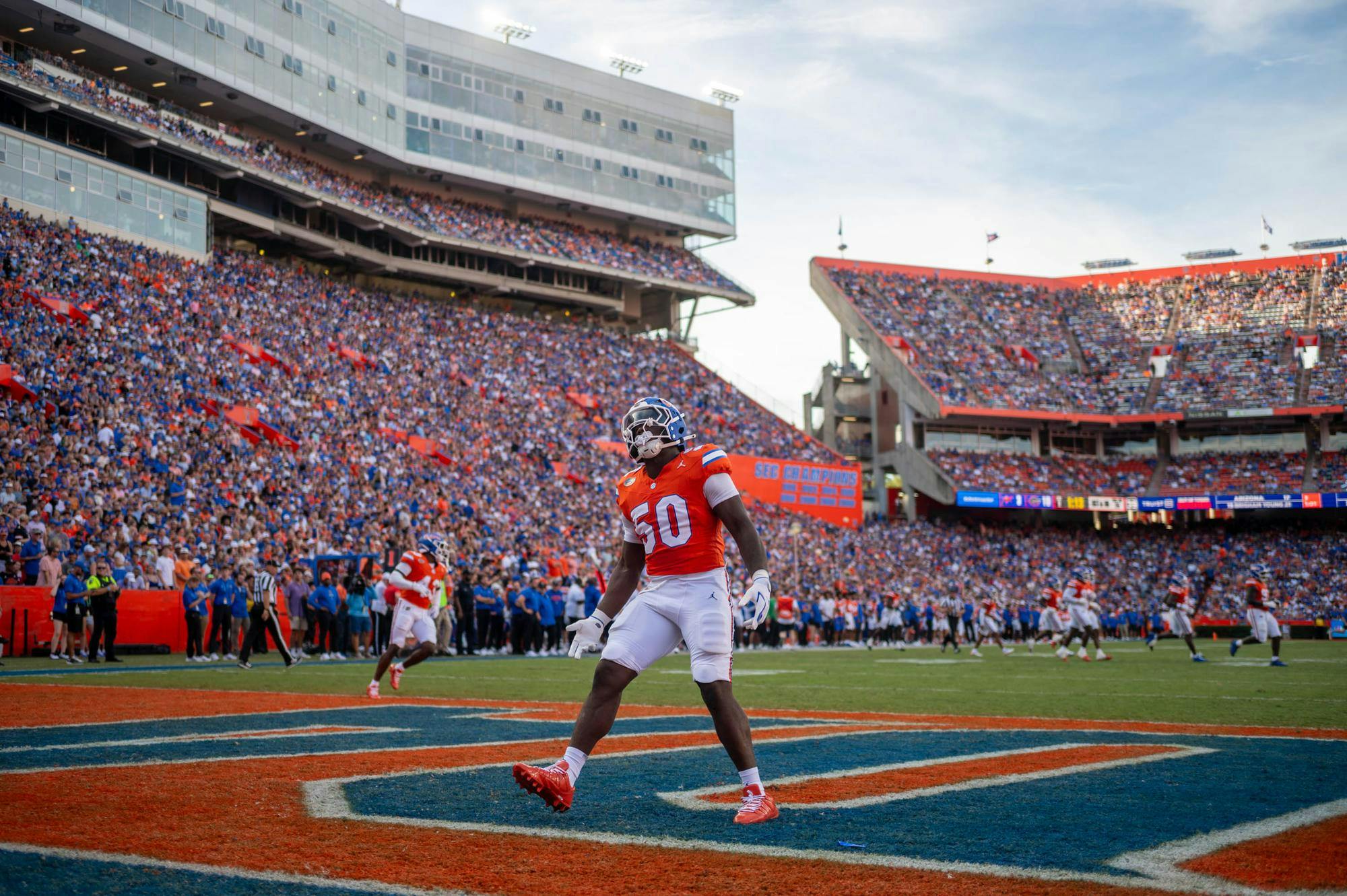 Florida inside linebacker Malik Morris (50) riles up the crowd in the first half of an NCAA college football game against Campbell, Saturday, Sept. 12, 2026, in Gainesville, Fla.