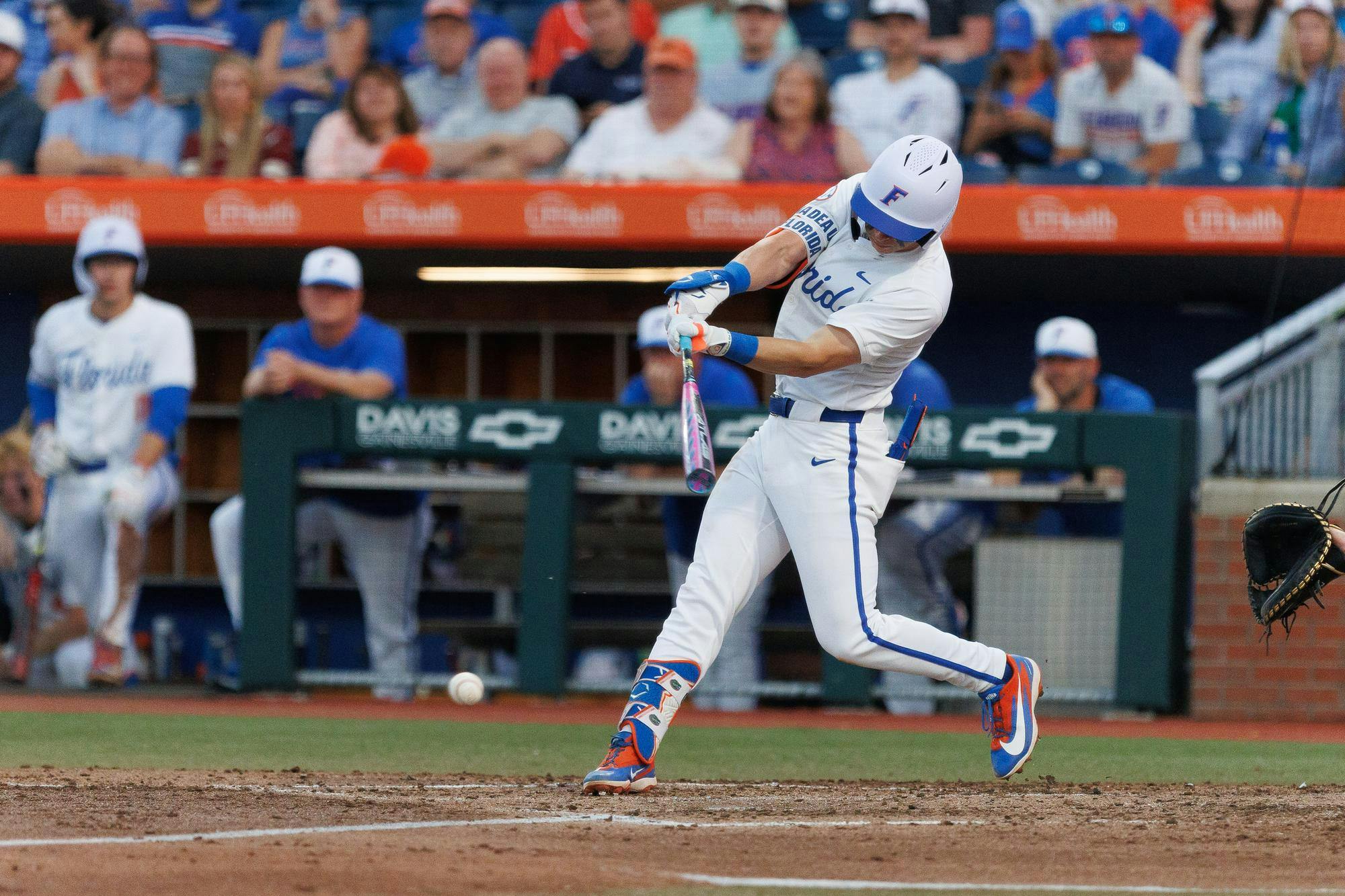 Florida outfielder Justin Nadeau (1) hits the ball during an NCAA baseball game against Florida State University, Tuesday, March 10, 2026, in Gainesville, Fla.