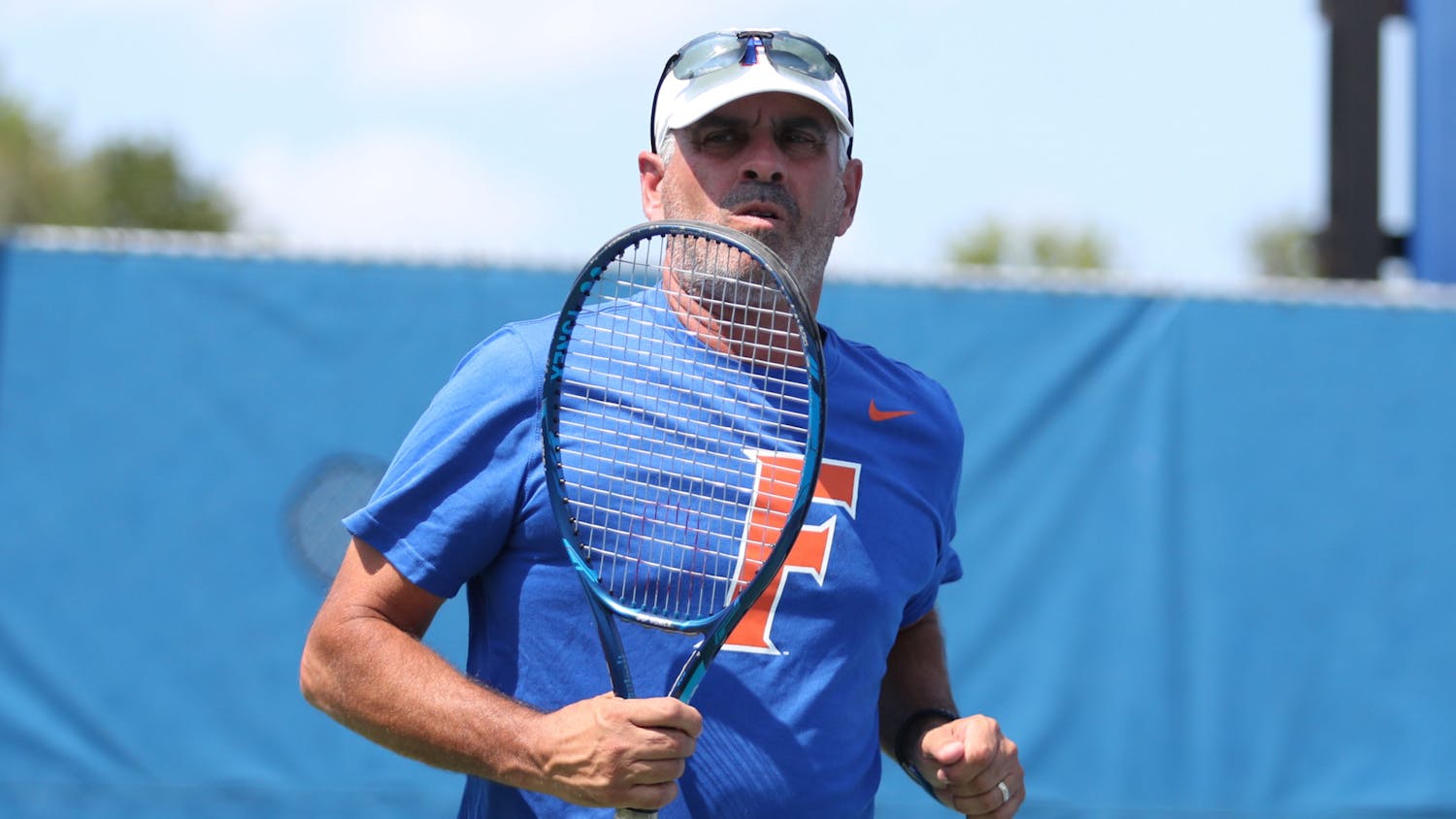 Adam Steinberg jogs on the court during the Gators' practice on Friday, August 25, 2023 at Linder Stadium at Ring Tennis Complex in Gainesville, Florida. 