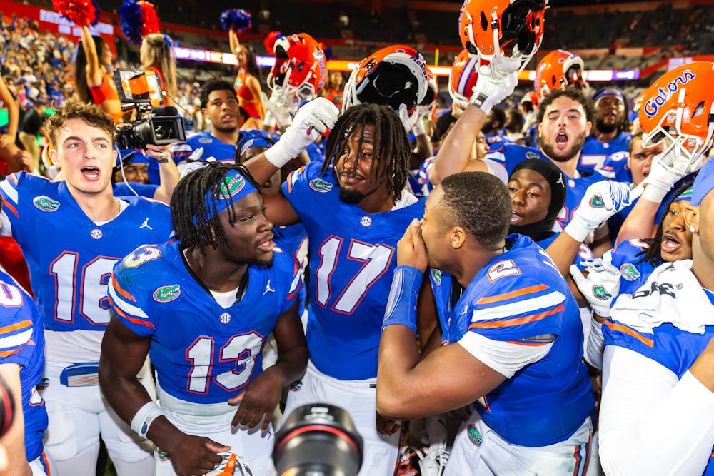 <p>Florida Gators quarterback DJ Lagway (2) and Florida Gators running back Jadan Baugh (13) celebrate after the teams 48-20 win at Steve Spurrier-Florida Field at Ben Hill Griffin Stadium on Oct. 19, 2024.</p>