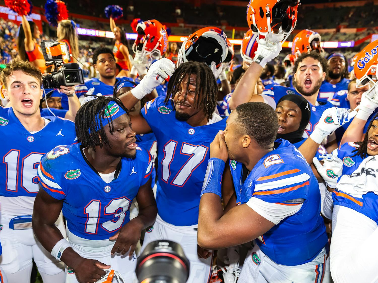 Florida Gators quarterback DJ Lagway (2) and Florida Gators running back Jadan Baugh (13) celebrate after the teams 48-20 win at Steve Spurrier-Florida Field at Ben Hill Griffin Stadium on Oct. 19, 2024.