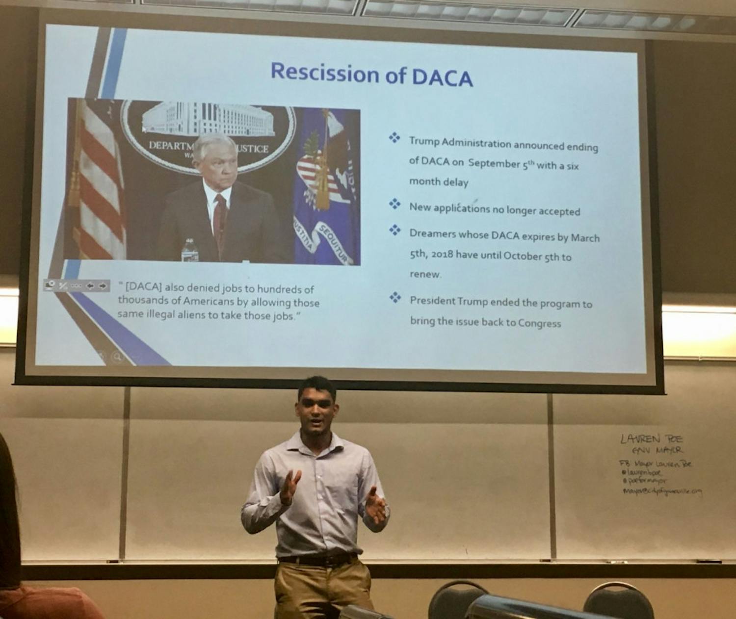 Giancarlo Tejeda, an undocumented UF student, presents information about the Deferred Action for Childhood Arrivals program.