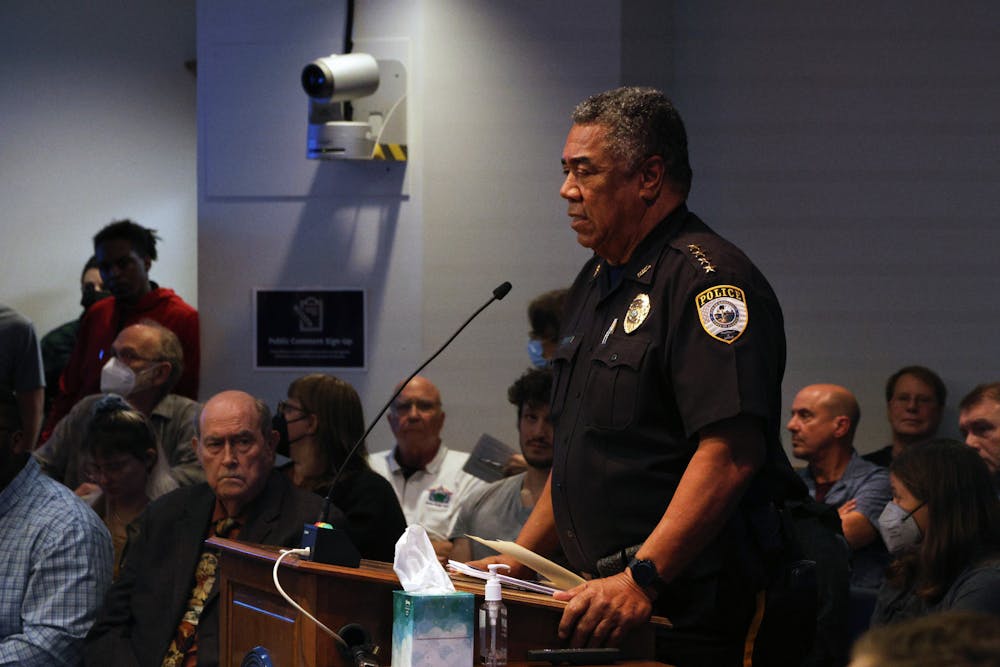 <p>Gainesville Chief of Police Lonnie Scott speaks about the K9 unit during the city commission’s special meeting Wednesday, Nov 16, 2022.</p>