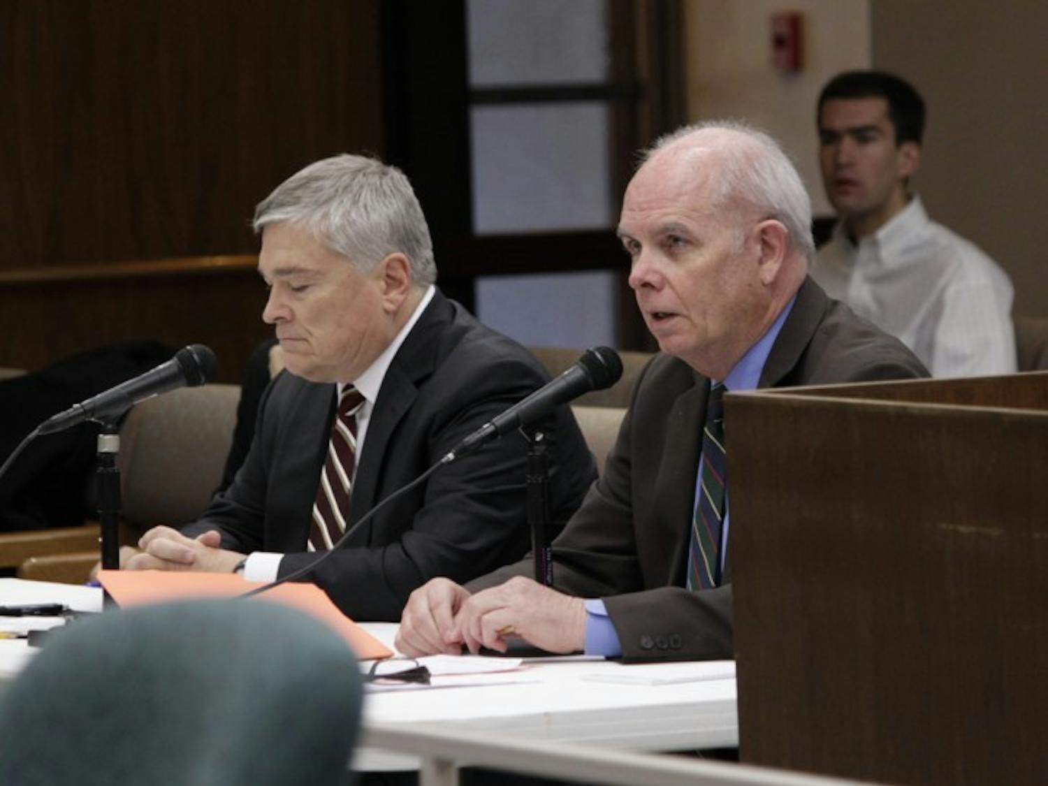 Eric Barron,
president of Florida State University, and UF President Bernie
Machen speak before the higher education committee of the Florida
House of Representatives on Friday morning.&nbsp;