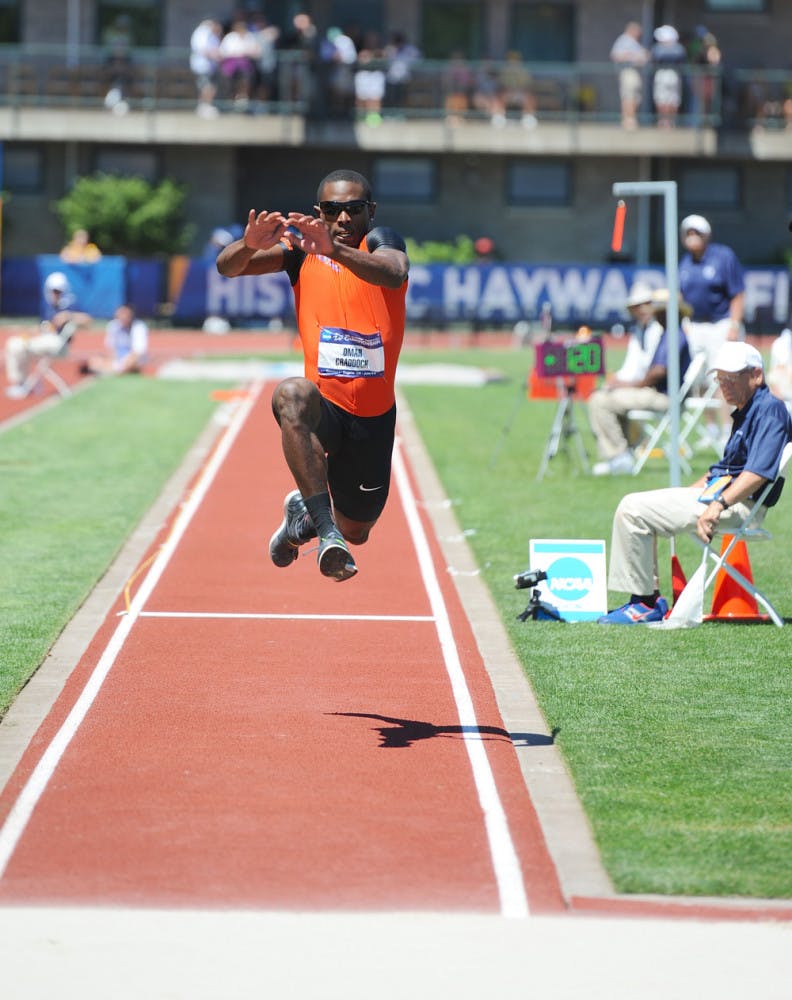 Omar Craddock competes in the triple jump on the final day of the 2013 NCAA Outdoor Track and Field Championships in Eugene, Oregon.