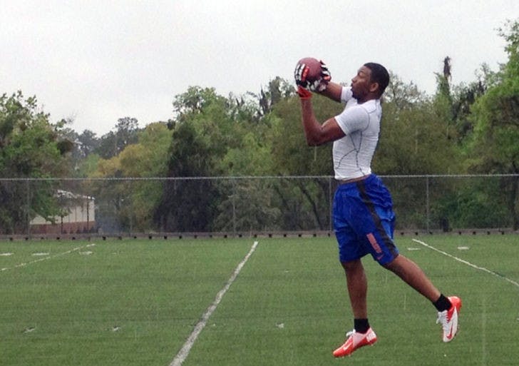 Former Gators defensive back Loucheiz Purifoy catches a throw during a drill at Florida’s Pro Scout Day in March.&nbsp;