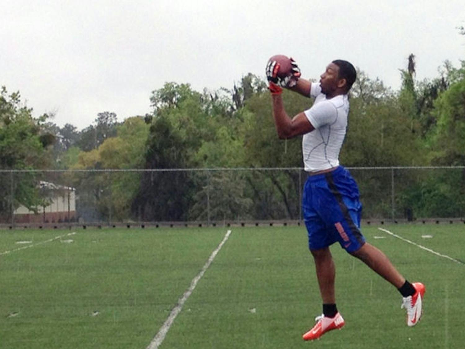Former Gators defensive back Loucheiz Purifoy catches a throw during a drill at Florida’s Pro Scout Day in March. 