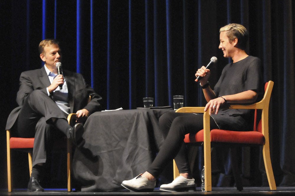 <p>Ted Spiker (left), journalism department chair in&nbsp;UF's&nbsp;College of Journalism and Communication,&nbsp;interviews former UF soccer and Women’s National Soccer Team player Abby Wambach on Nov. 3, 2015, during an Accent Speaker's Bureau event at the Philips Center of Performing Arts. During the hour-long talk, Wambach discussed her career, how she decided to play for UF and her post-retirement plans.</p>