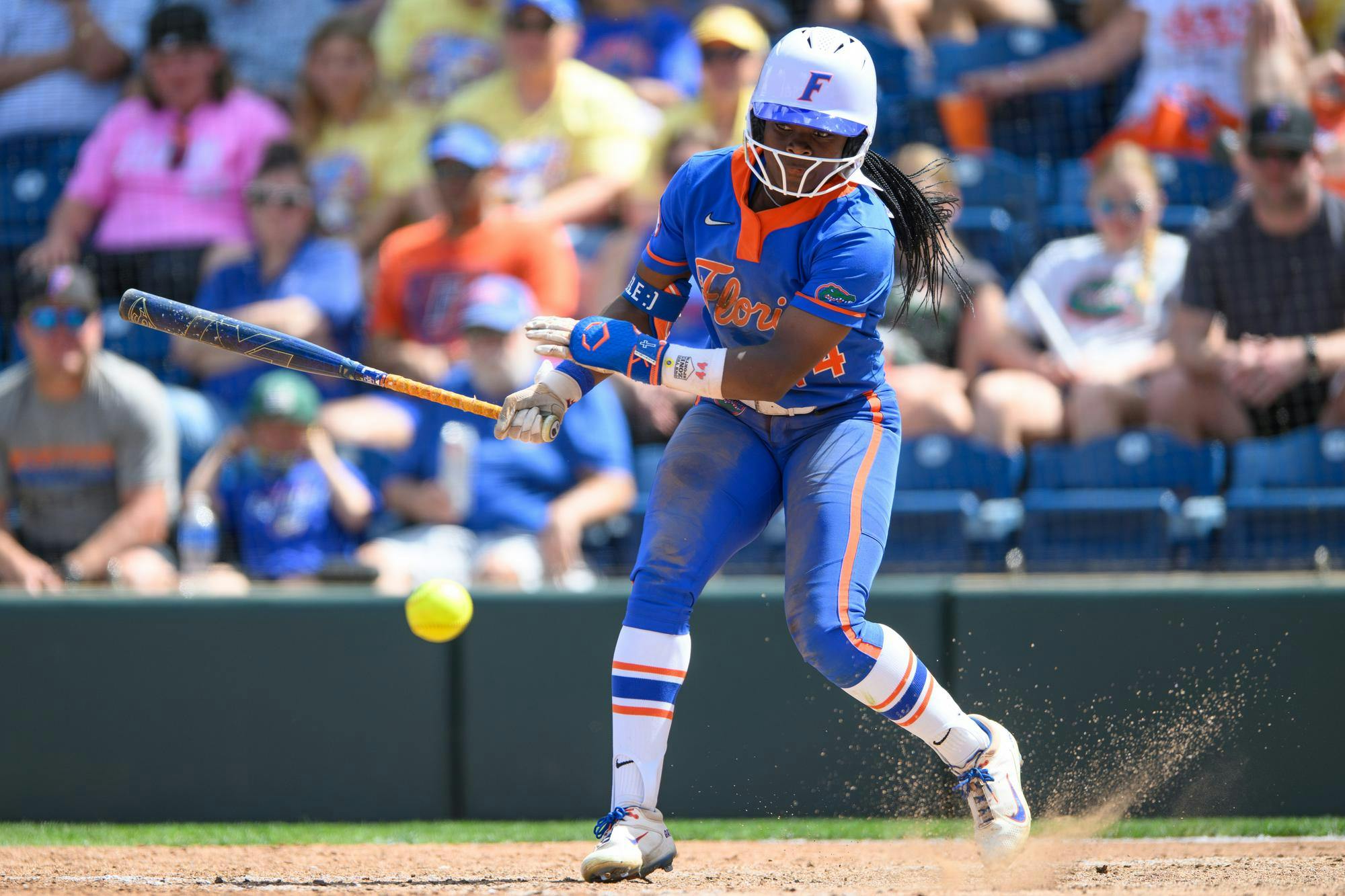 Florida outfielder Townsen Thomas (44) hits during an NCAA softball game against Mississippi State, Saturday, April 4, 2026, in Gainesville, Fla.