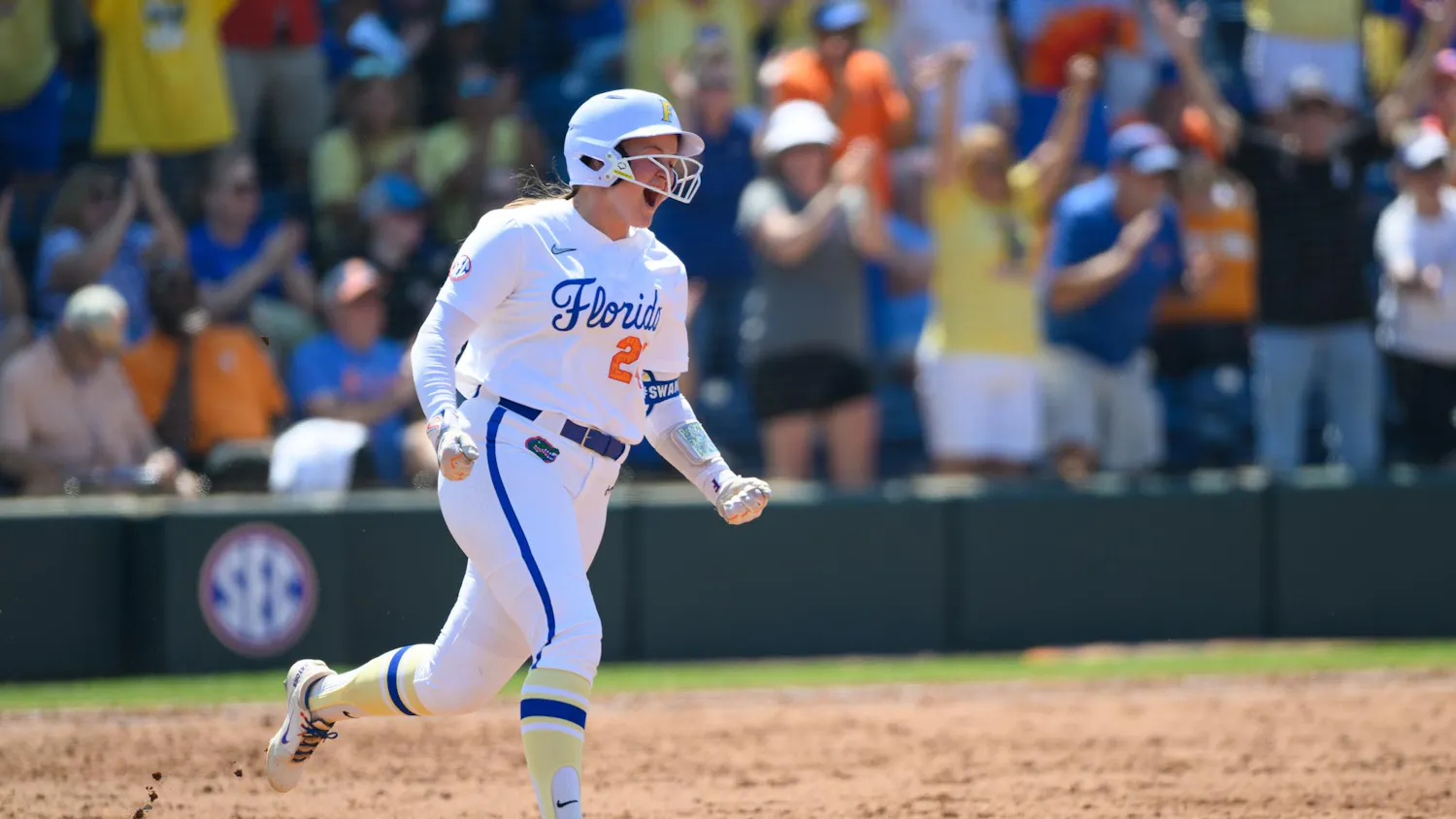 Florida designated hitter Madison Walker (24) runs to second after a home run during an NCAA softball game against Tennessee, Saturday, March 21, 2026, in Gainesville, Fla.