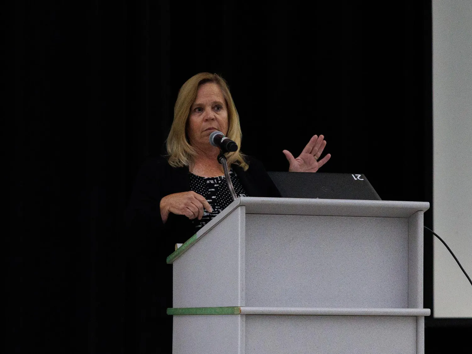 Alachua County Public Schools Deputy Superintendent Cathy Atria speaks during at meeting at Oak View Middle School, Tuesday, April 7, 2026.