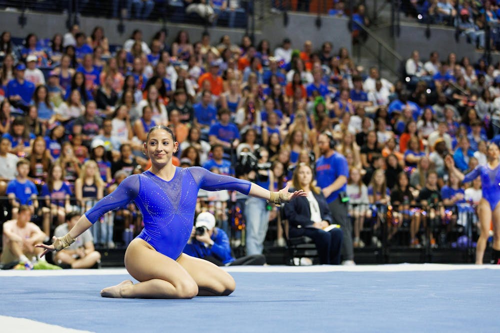 Florida gymnast Danie Ferris performs on the floor during an NCAA gymnastics meet against Louisiana State University, Sunday, March 8, 2026, in Gainesville, Fla.