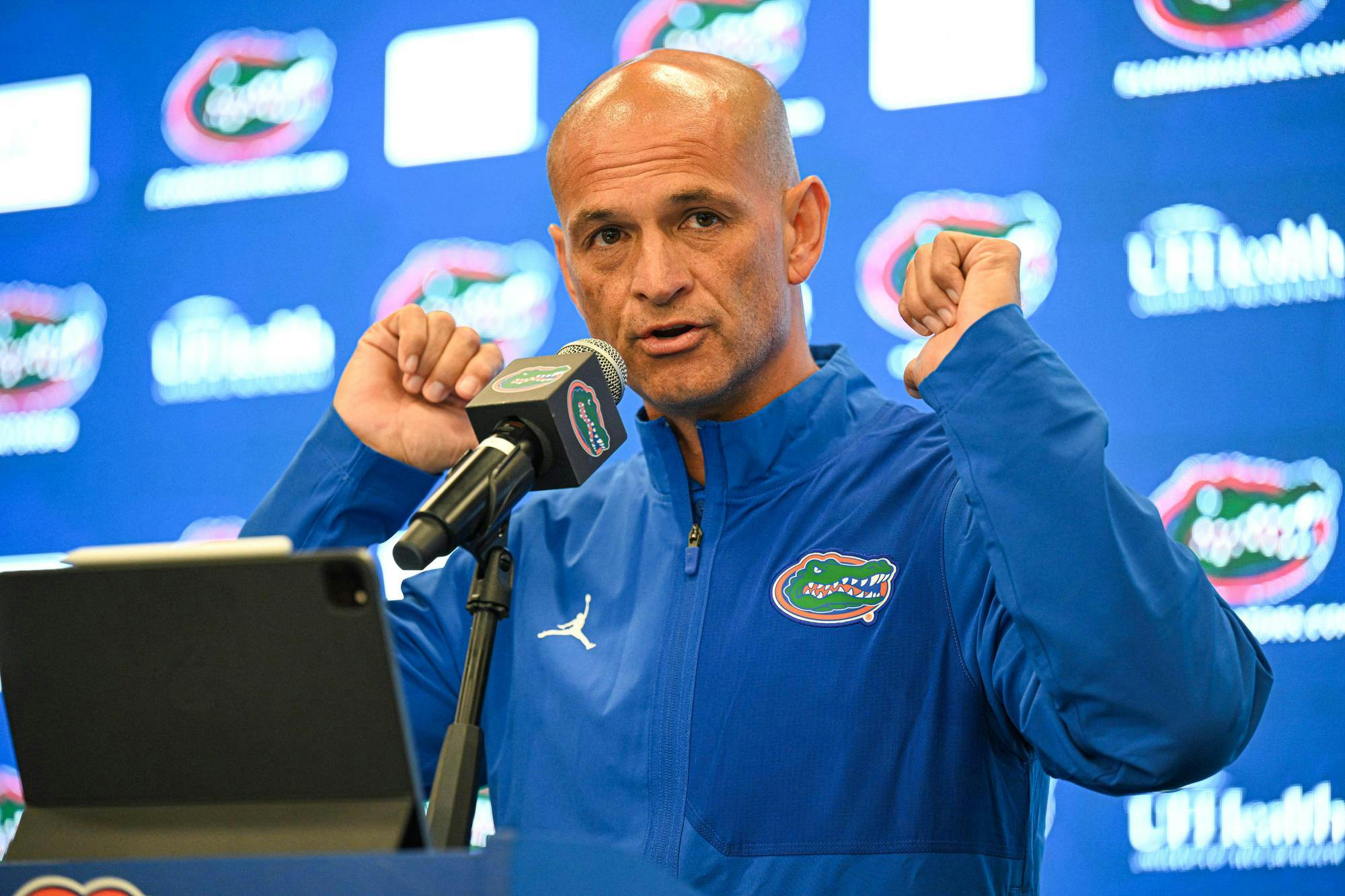 Billy Gonzales speaks at his opening press conference on Monday, Oct. 20, 2025, in Gainesville, Fla.