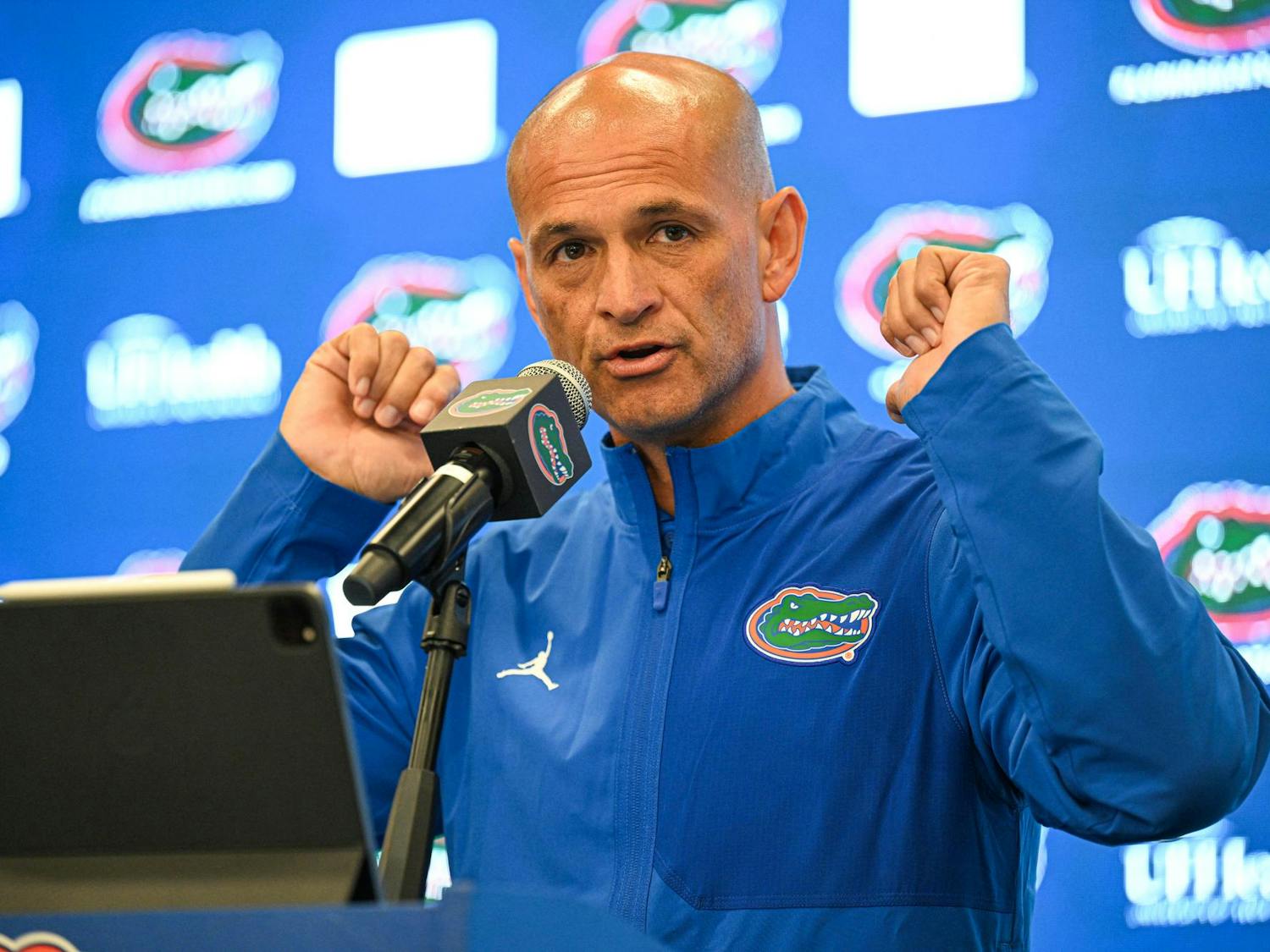 Billy Gonzales speaks at his opening press conference on Monday, Oct. 20, 2025, in Gainesville, Fla.