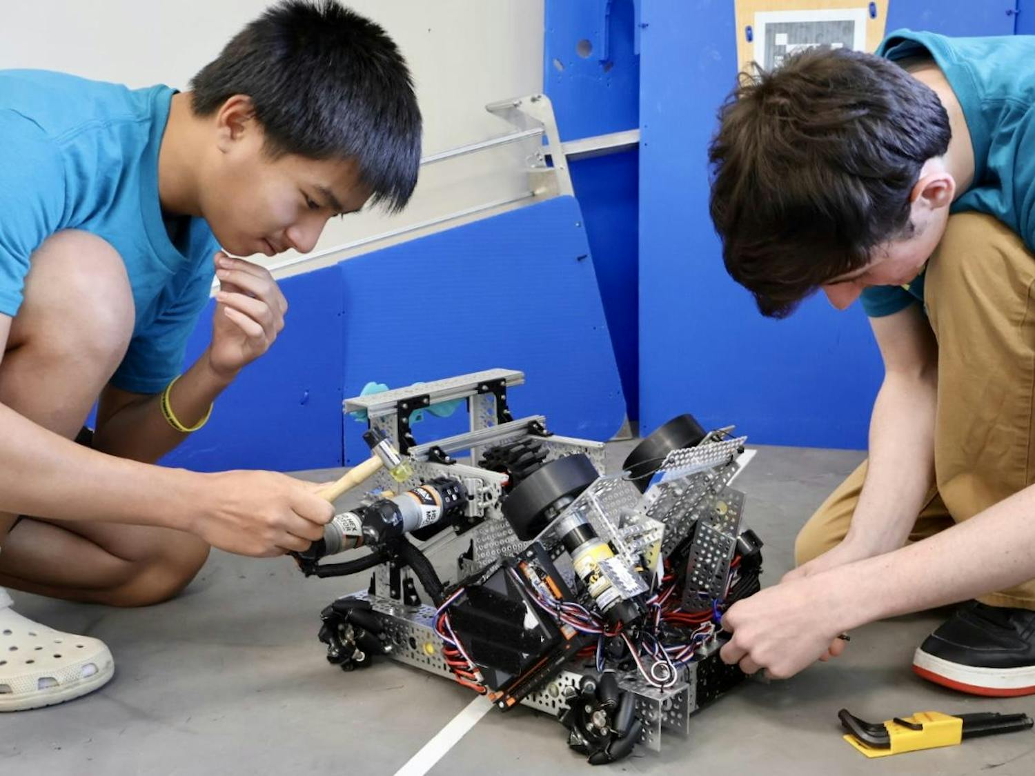P.K. Yonge Developmental Research School's Robotics Team practices testing their robot as they gear up for the world championship after winning the state tournament, Tuesday, March 10, 2026, in Gainesville, Fla.