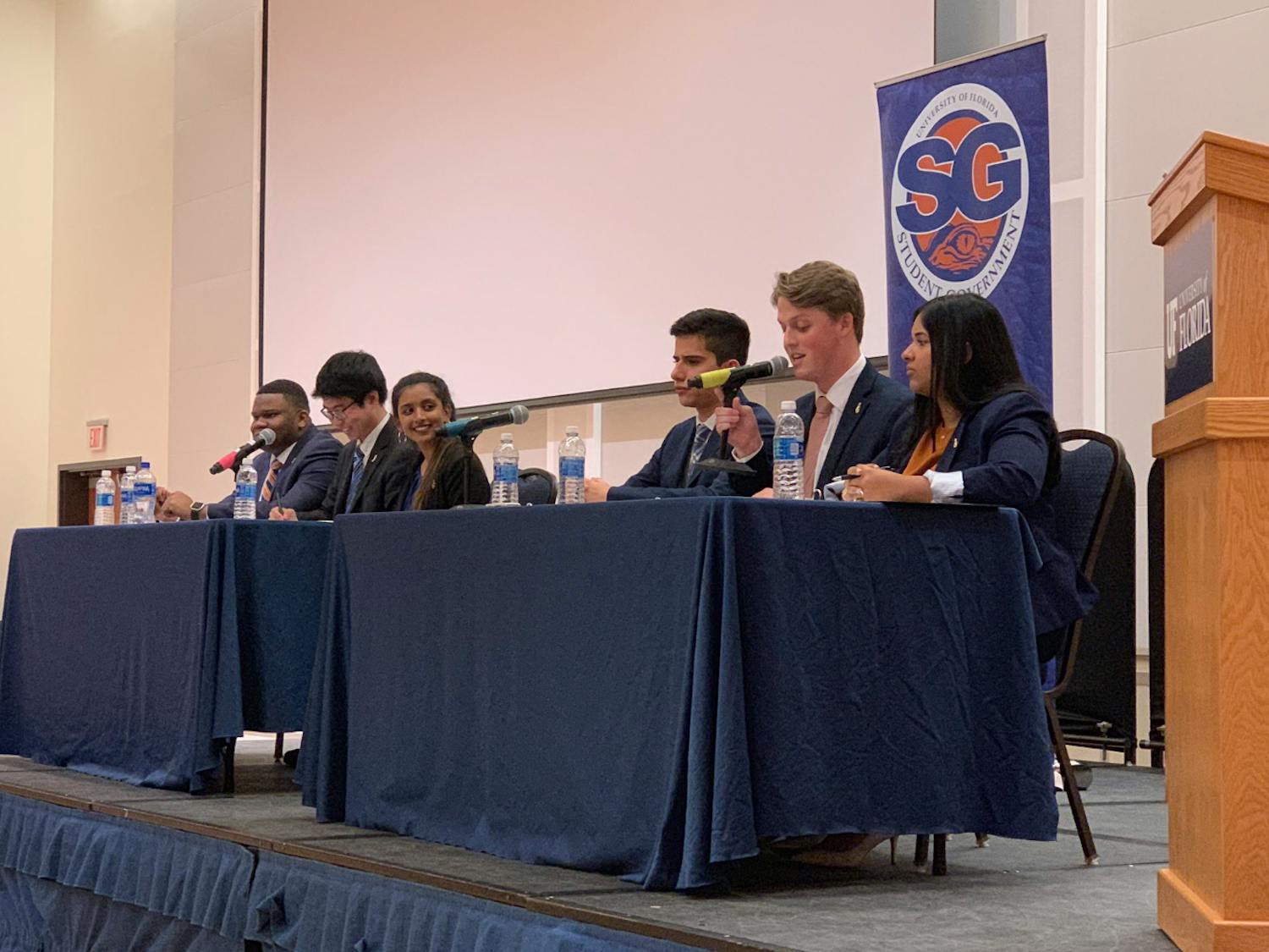 More than 200 students, watched as the Impact candidates — Michael Murphy for Student Body president, Sarah Abraham for Student Body vice president and Santiago Gutierrez for Student Body treasurer — and Inspire Party candidates — Chou, Gouthami Gadamsetty for Student Body vice president and Mackintosh Joachim for student body treasurer — debated.