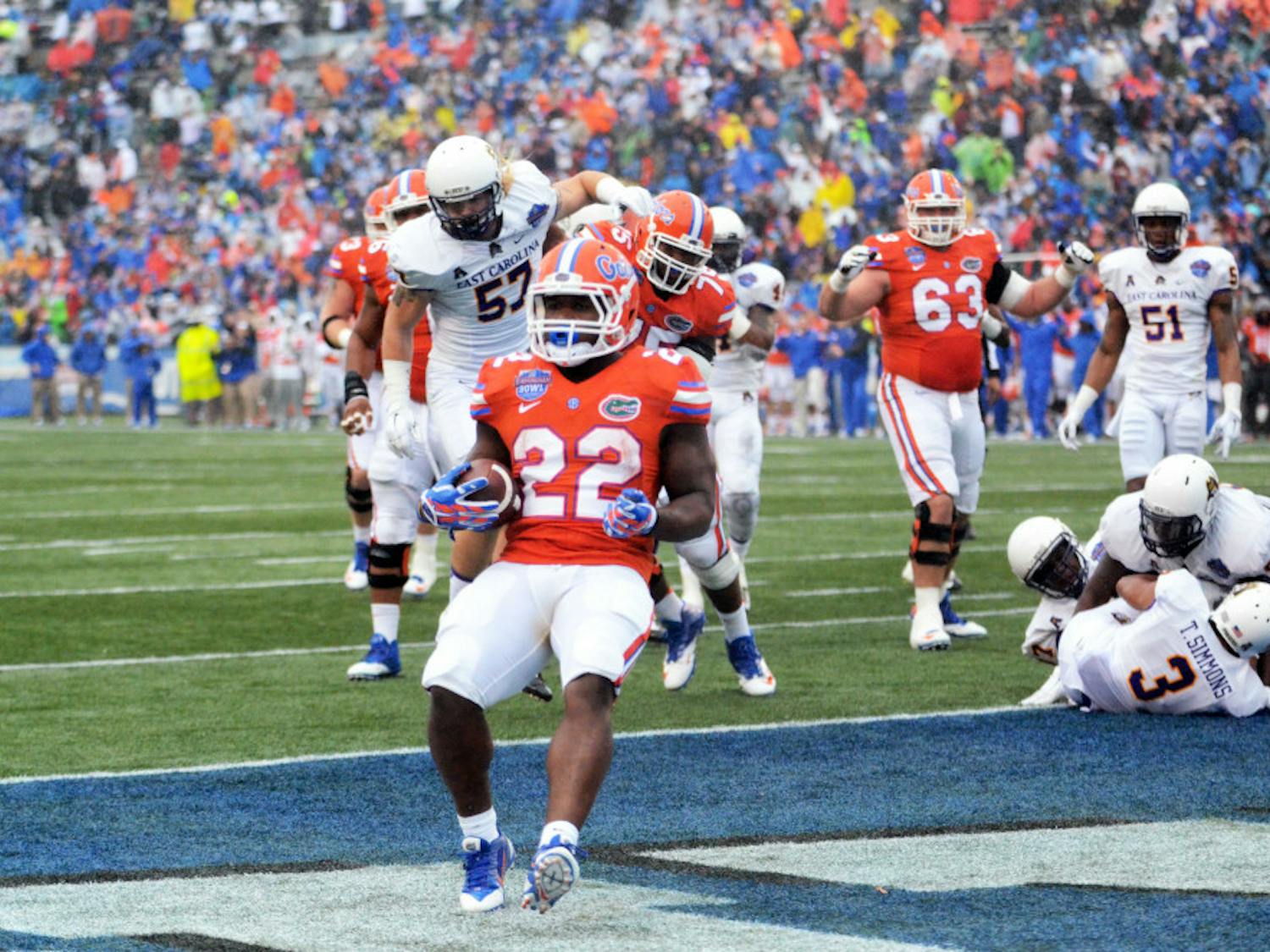 Adam Lane rushes into the end zone for a touchdown during Florida's 28-20 win against East Carolina on Jan. 3 in the Birmingham Bowl at Legion Field.