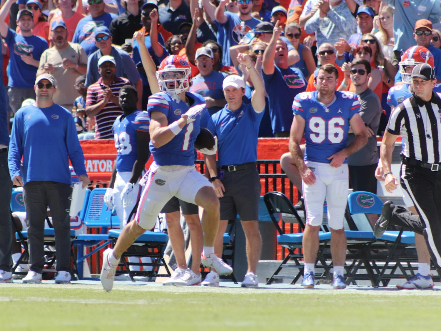 Florida wide receiver Ricky Pearsall races up the sideline on his way to the endzone during the Gators' game against Eastern Washington Sunday, Oct. 2, 2022.