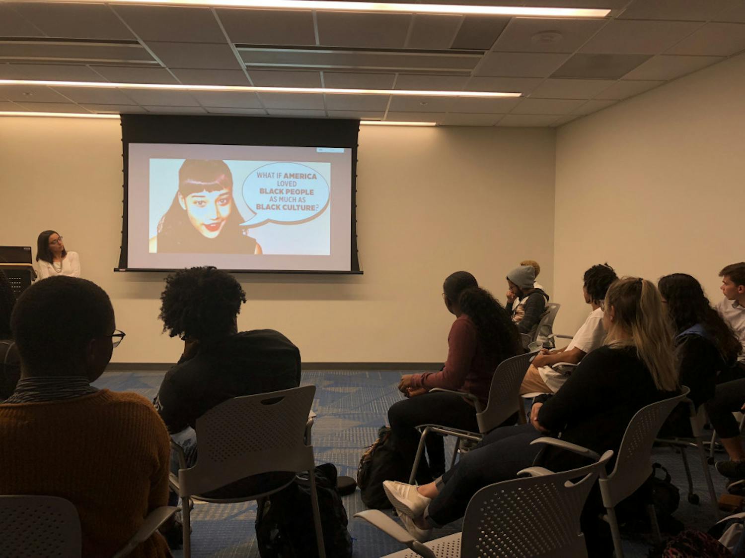 Diana Moreno, the assistant director of the UF Multicultural and Diversity Affairs, discusses the fine line between cultural appropriation and appreciation with students at a discussion held as part of Anti-Racism week. 