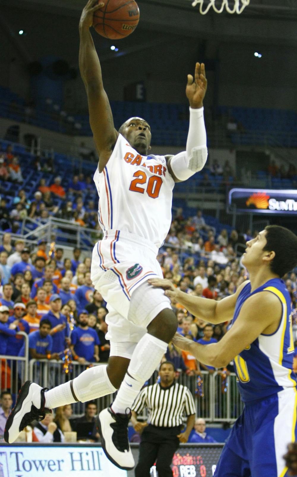 <p>Michael Frazier II goes for a layup during UF’s 101-71 win over Nebraska-Kearney on Nov. 1 in the O’Connell Center. Brazil held Frazier to five points Monday.</p>