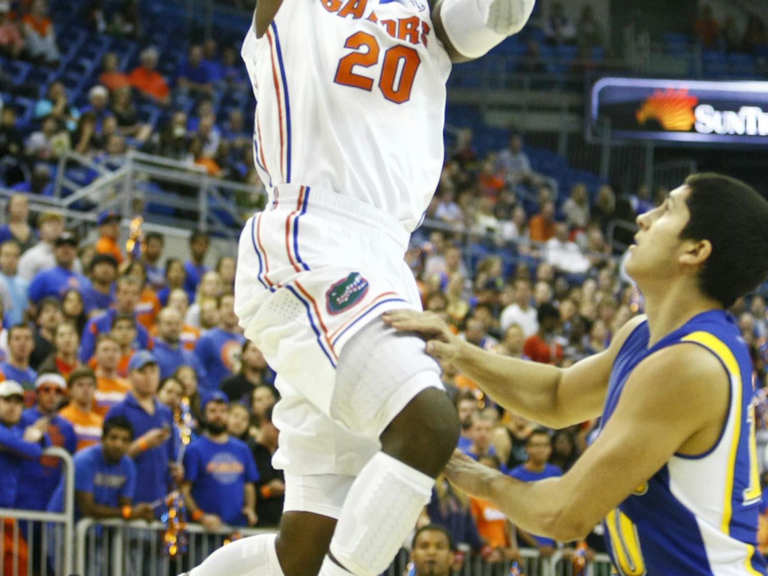 Michael Frazier II goes for a layup during UF’s 101-71 win over Nebraska-Kearney on Nov. 1 in the O’Connell Center. Brazil held Frazier to five points Monday.