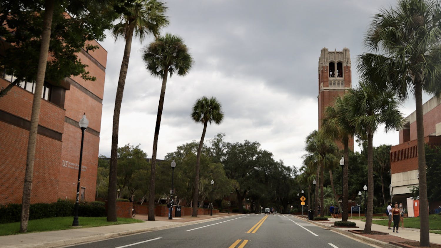 Photo of Newell Drive with Century Tower and Marston Science Library visible in the view