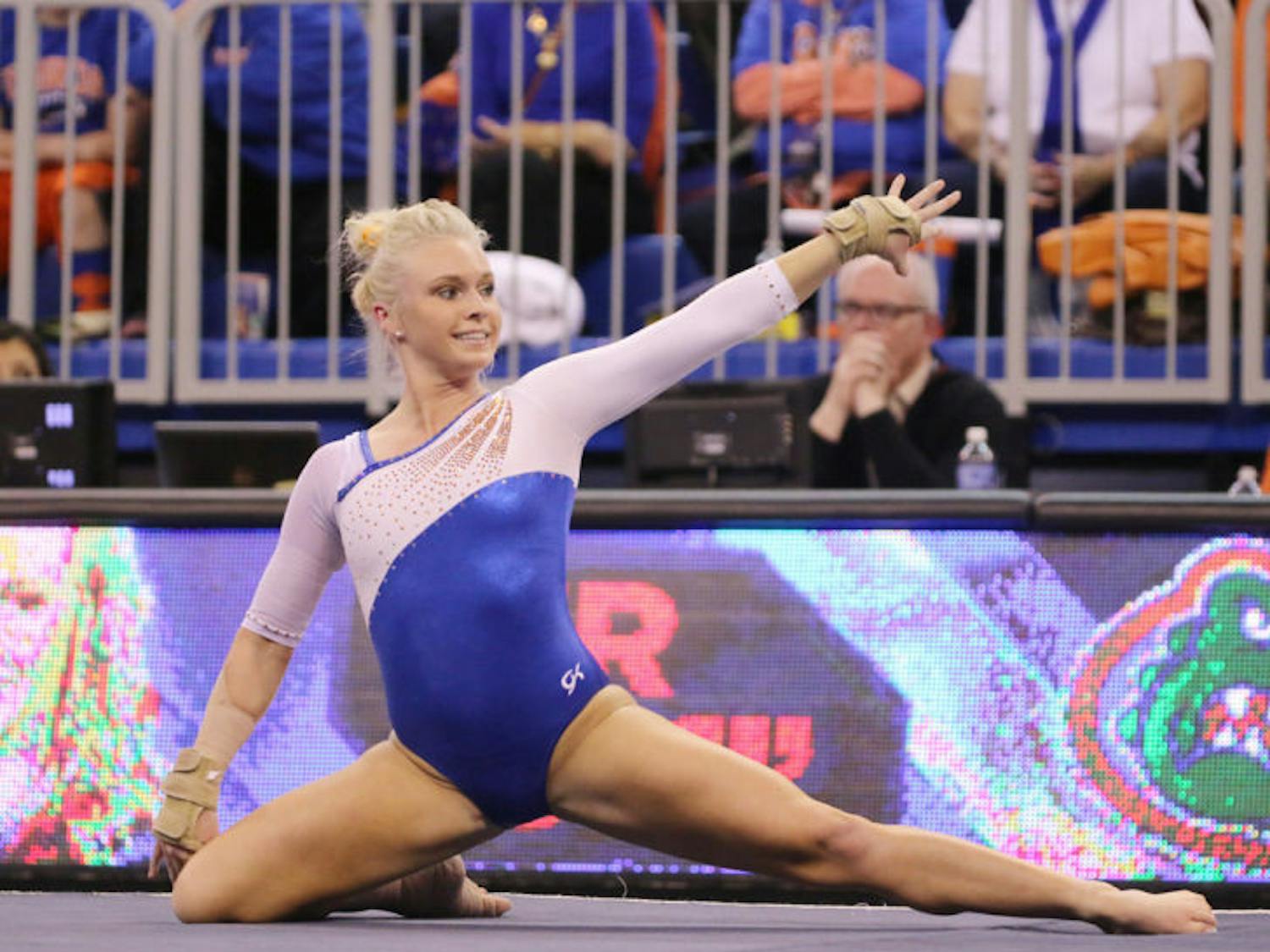 Rachel Spicer performs a floor routine during Florida’s 197.525-196.025 win against Arkansas on Feb. 14 in the O’Connell Center. Coach Rhonda Faehn said Spicer dealt with Achilles tendonitis throughout the season.