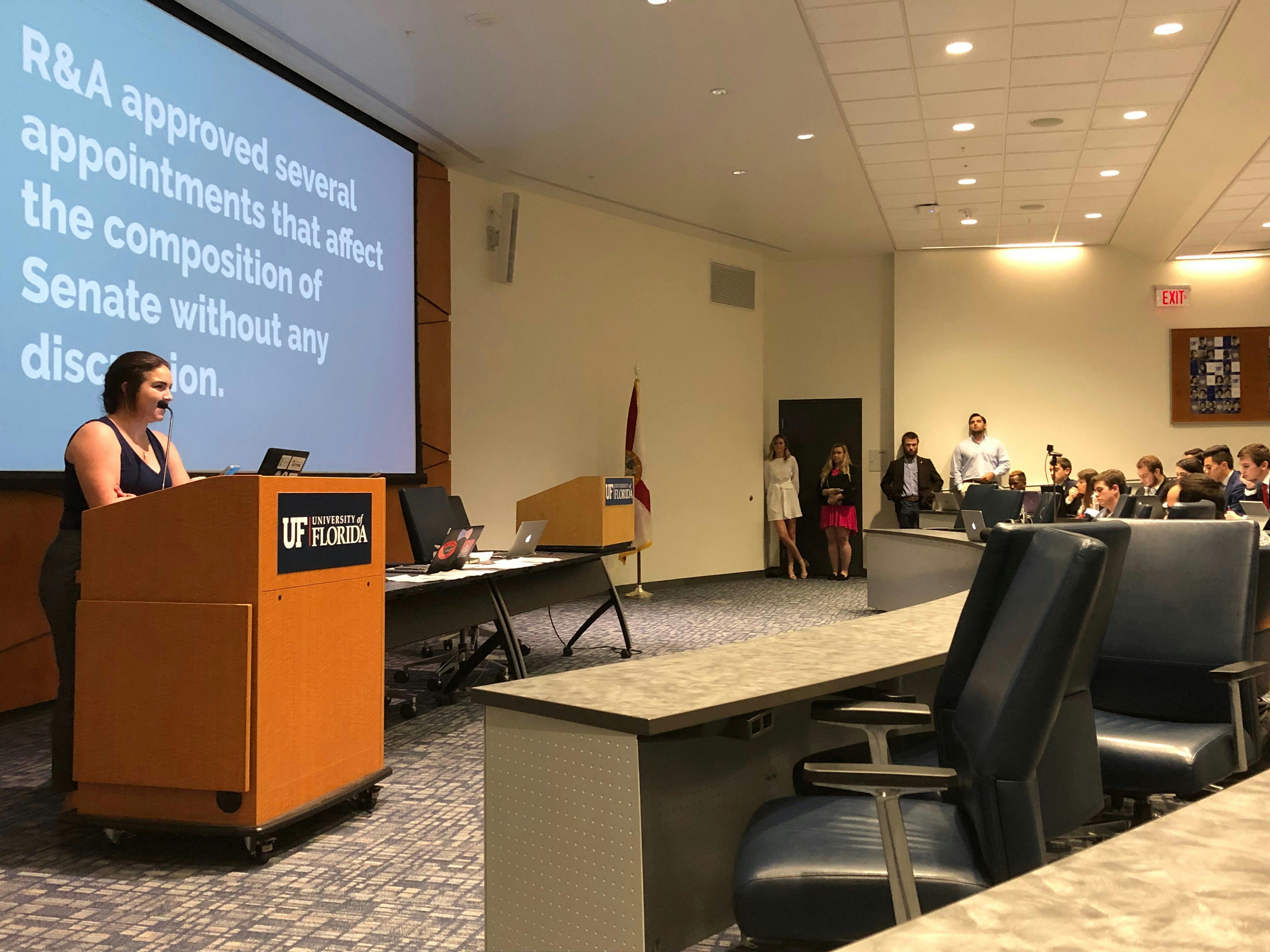 Ashley Grabowski explains to the Senate that Inspire Party will be objecting to several of the Replacement and Agenda Committee’s nominations for Summer replacements seats because they were voted on without being properly discussed.