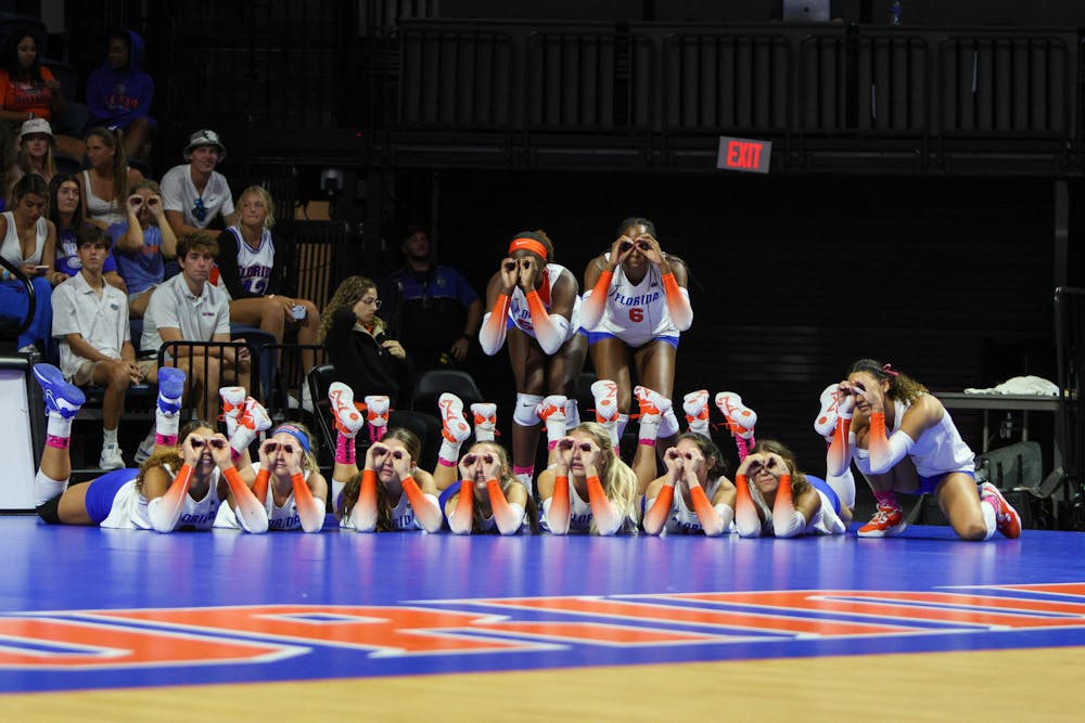 Members of the Florida volleyball team look on in support during its match with the LSU Tigers Saturday, Oct. 8, 2022. The Gators begin their postseason Friday evening against the Florida A&M Rattlers. 