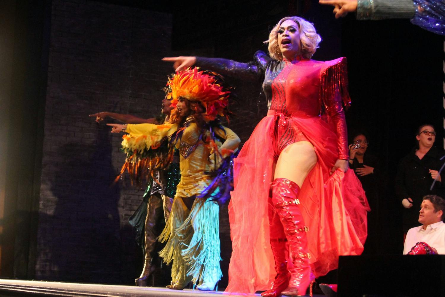 Gainesville-based Drag Queen Kelly T. Kelly leads a number in the second act of Kinky Boots at the Gainesville Community Playhouse on Friday, July 21, 2023. ﻿