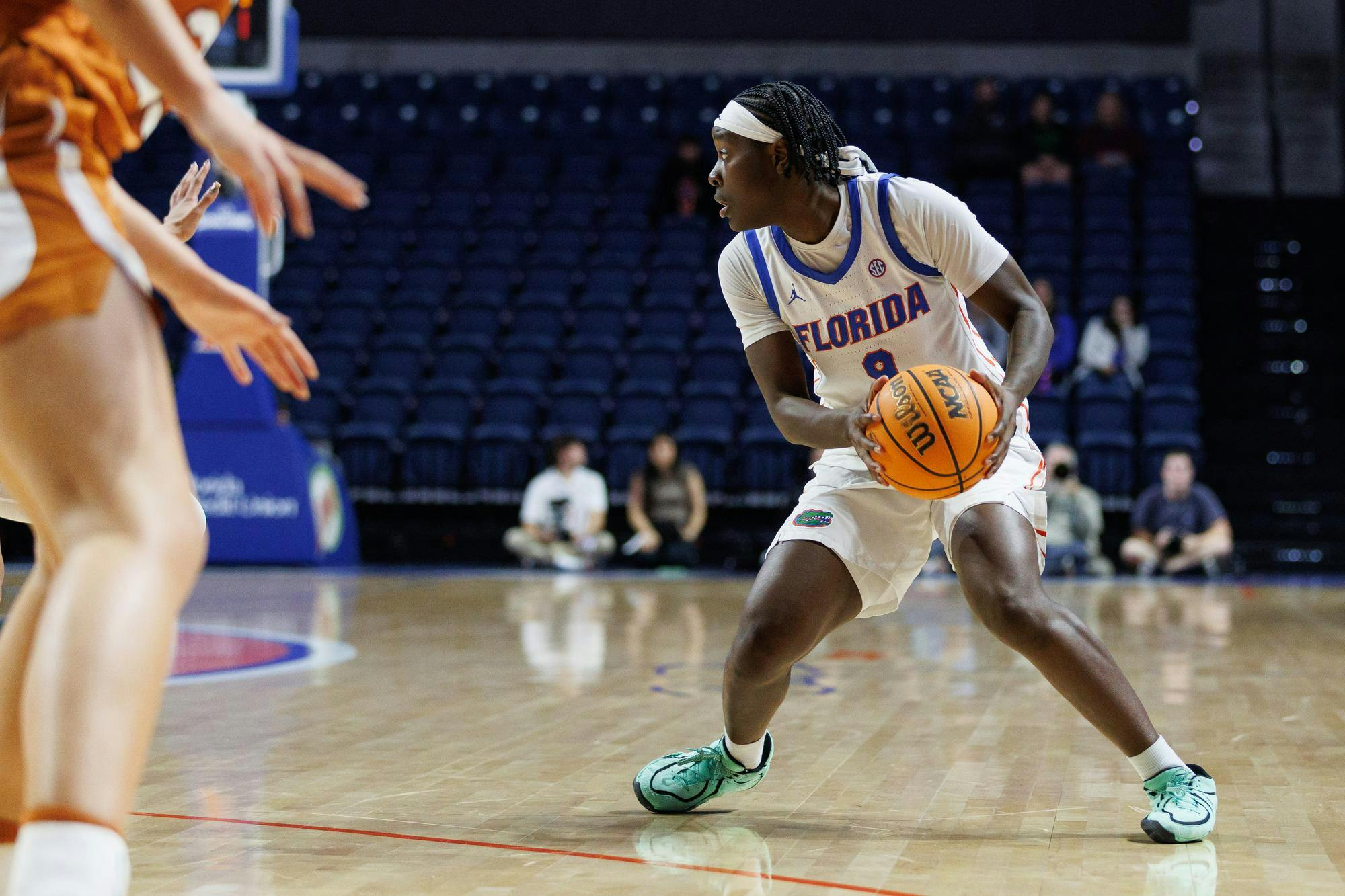 Florida guard Alexia Dizeko (9) holds the ball during the second half of an NCAA basketball game against Texas, Thursday, Jan. 29, 2026, in Gainesville, Fla.
