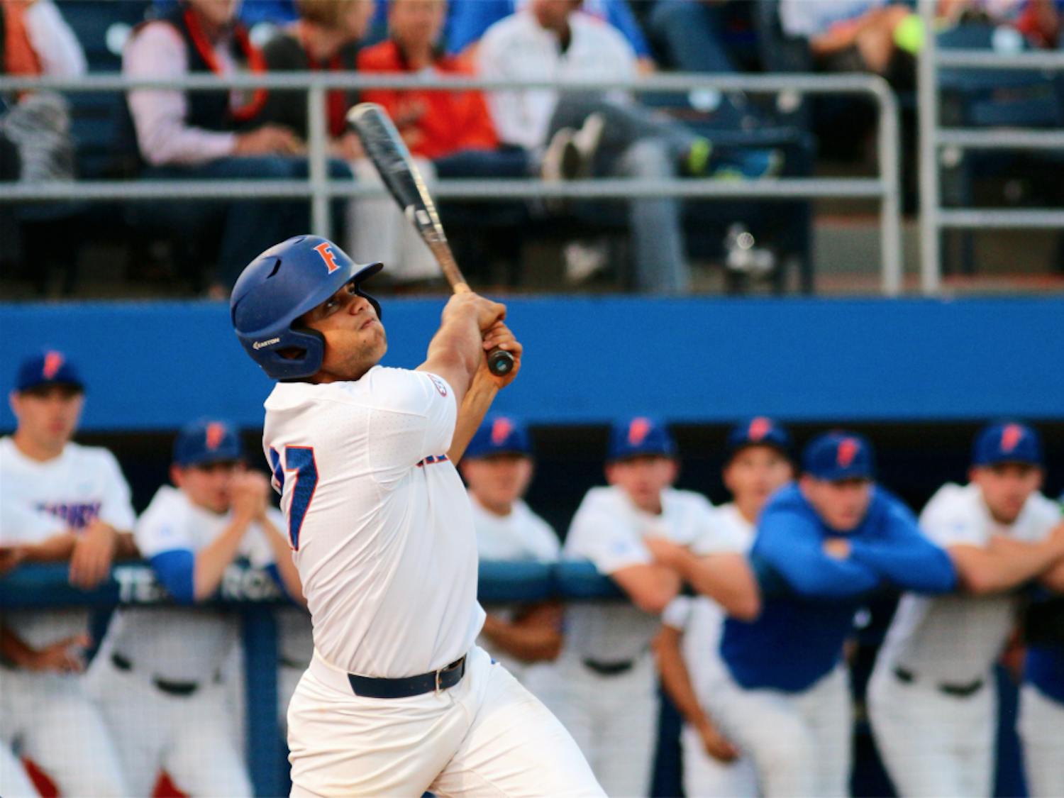 Nelson Maldonado swings at a ball during Florida's win over LSU on Friday, March 24, 2017, at McKethan Stadium.