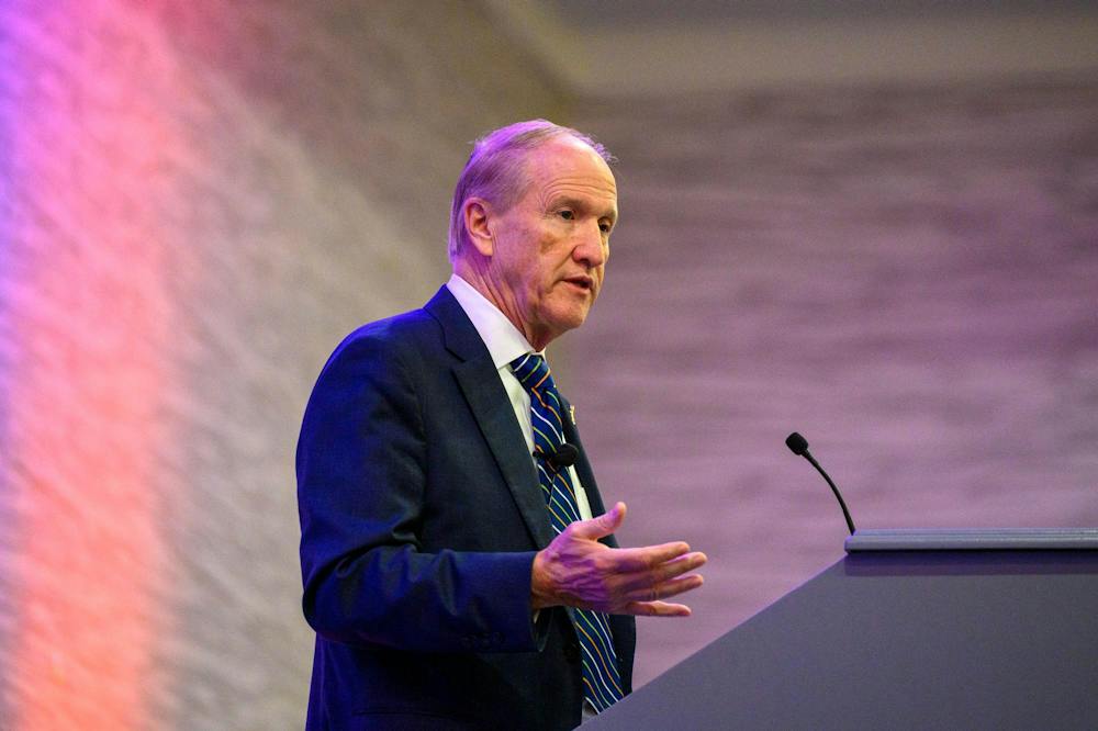President Dr. Stuart Bell speaks to a crowd at the UF Hilton Conference Center, Thursday, Sept. 24, 2026, in Gainesville, Fla.