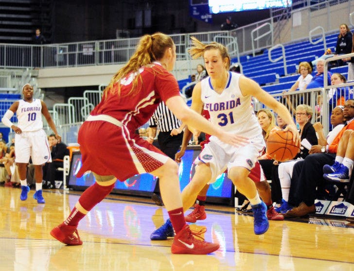 Lily Svete drives to the lane during Florida’s 75-67 win against Alabama on Jan. 30 in the O’Connell Center. Svete’s last game was Florida’s 81-63 loss to Penn State on Tuesday.