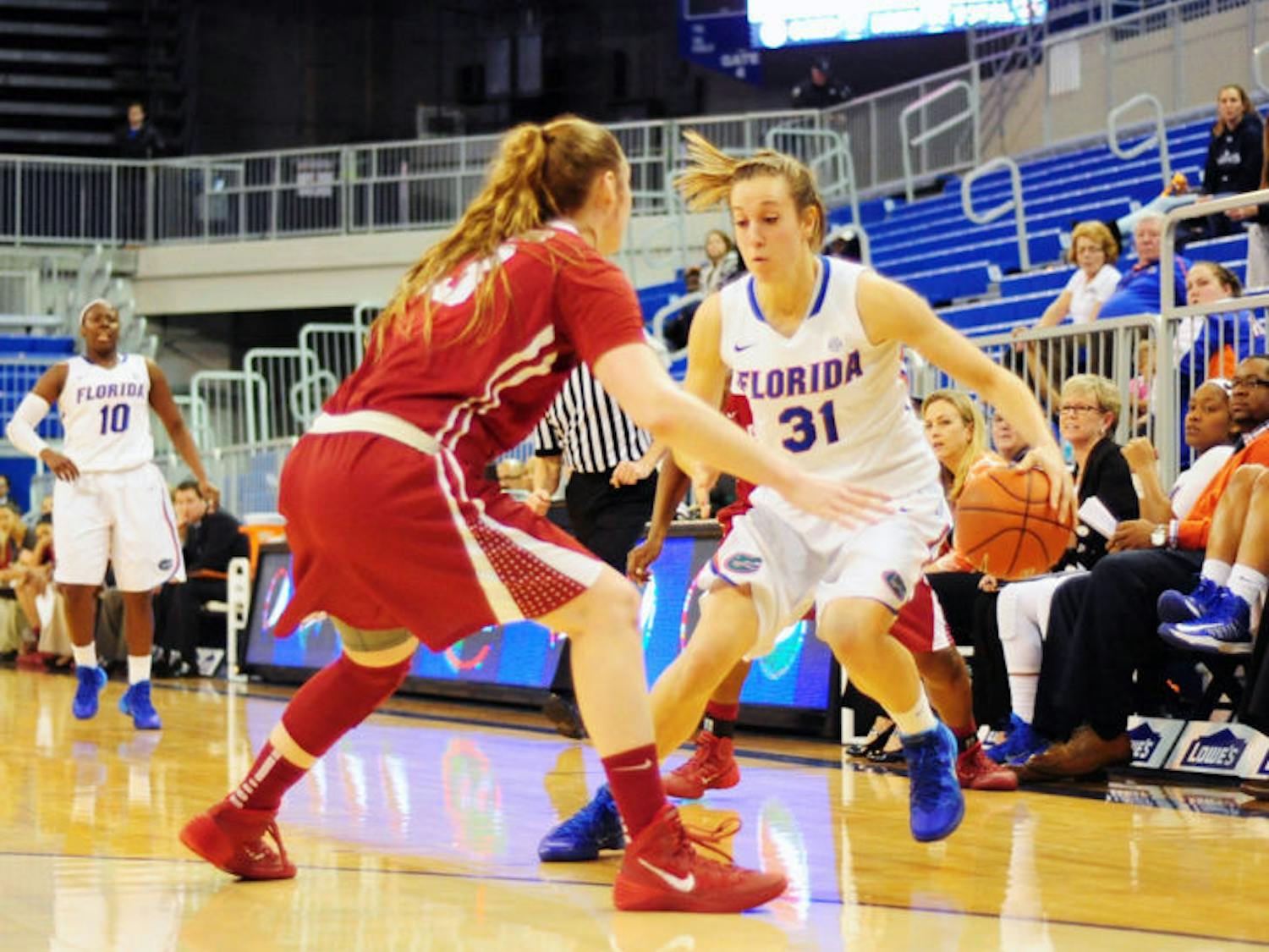 Lily Svete drives to the lane during Florida’s 75-67 win against Alabama on Jan. 30 in the O’Connell Center. Svete’s last game was Florida’s 81-63 loss to Penn State on Tuesday.