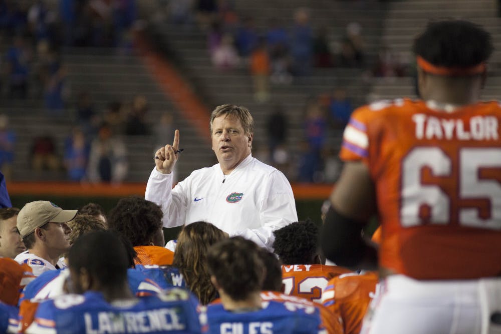 <p>Coach Jim McElwain addresses players following the conclusion of the Spring football game on April 7, 2017.</p>