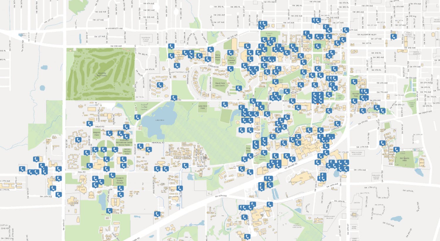 A map of blue lights across UF campus.