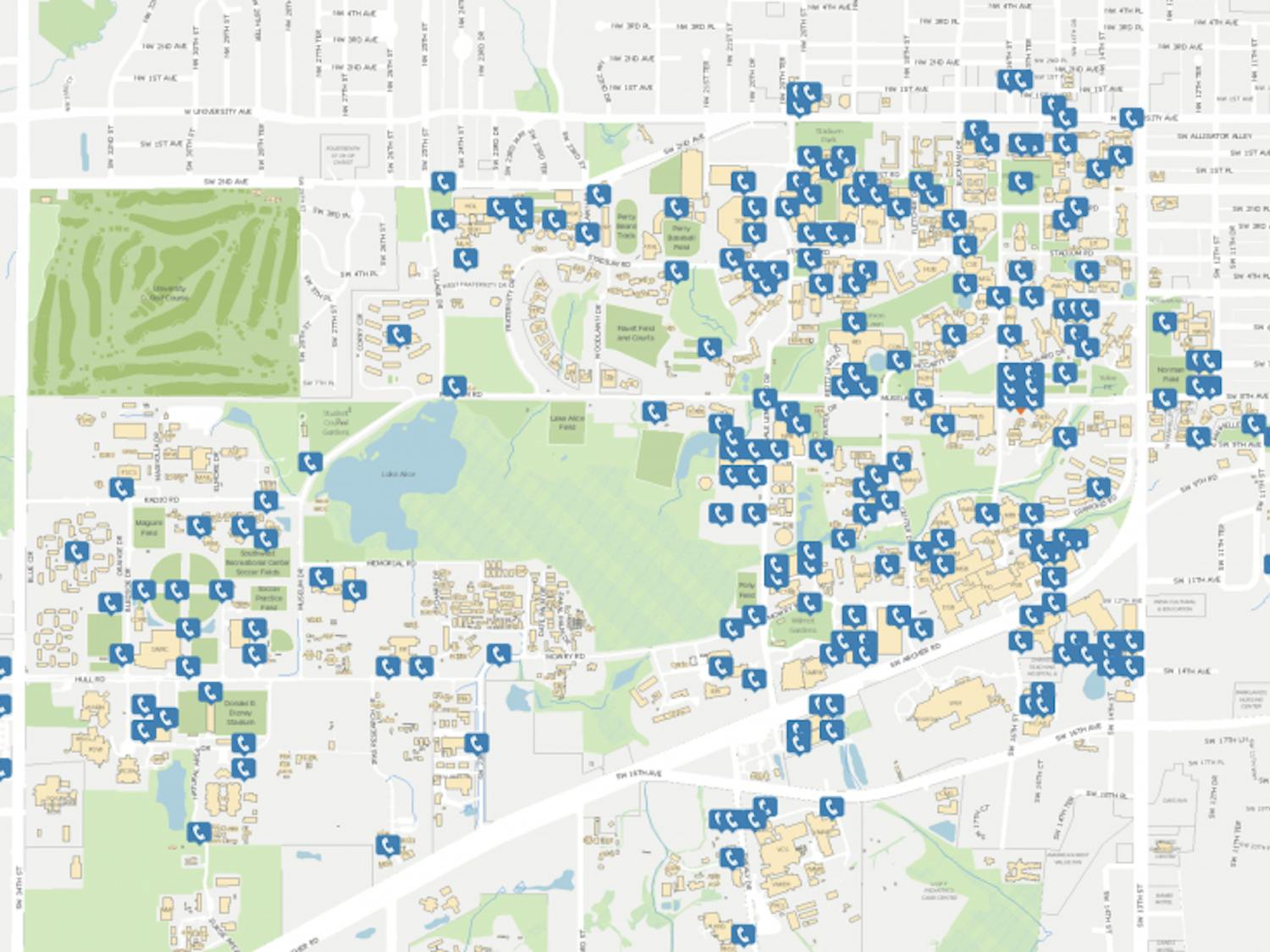 A map of blue lights across UF campus.