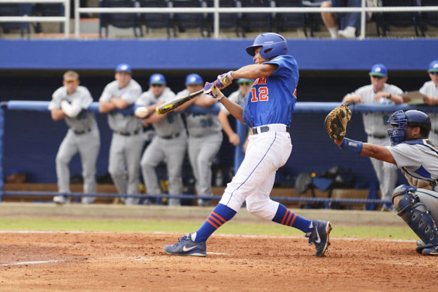 Freshman Richie Martin (12) bats in Florida’s 7-4 loss to Florida Gulf Coast on Feb. 24 at McKethan Stadium. Martin was the only player with more than one hit in the Gators' 4-2 loss to the Volunteers on Sunday.