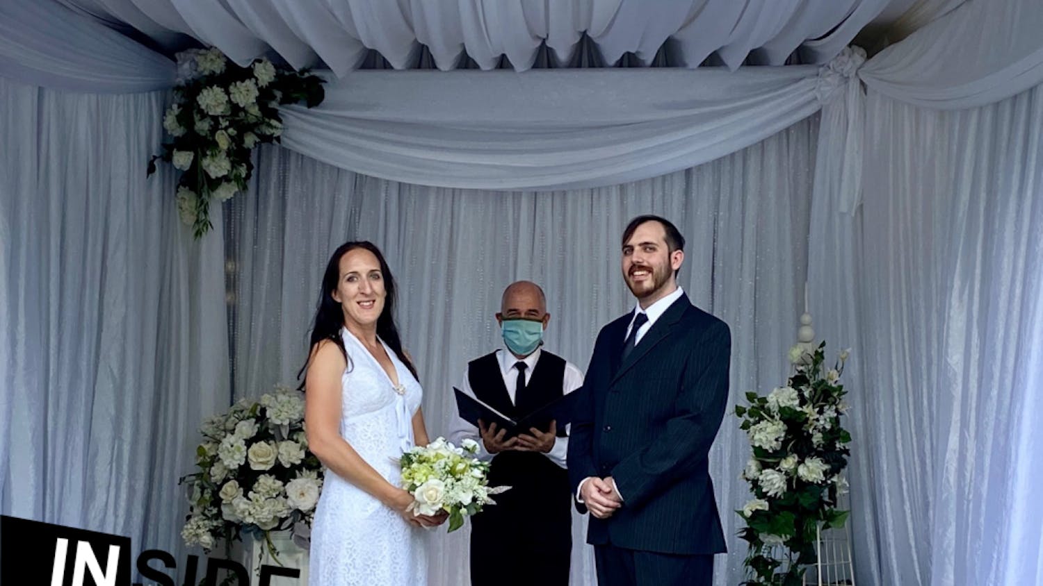 Keith Watson Events’ employees promote its new “drive-in wedding,” where ceremonies are performed in a makeshift venue.
