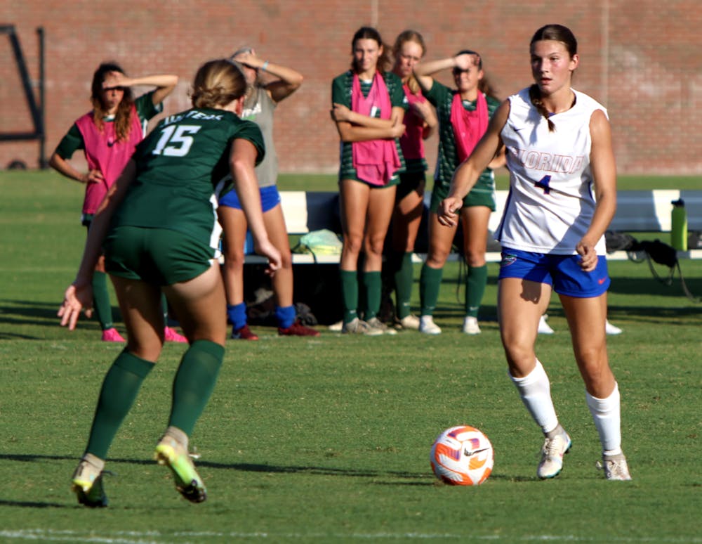 Freshman forward Megan Hinnenkamp takes on a defender in the Gators’ 8-0 win against the Stetson Hatters on Sunday, Aug. 27, 2023. 