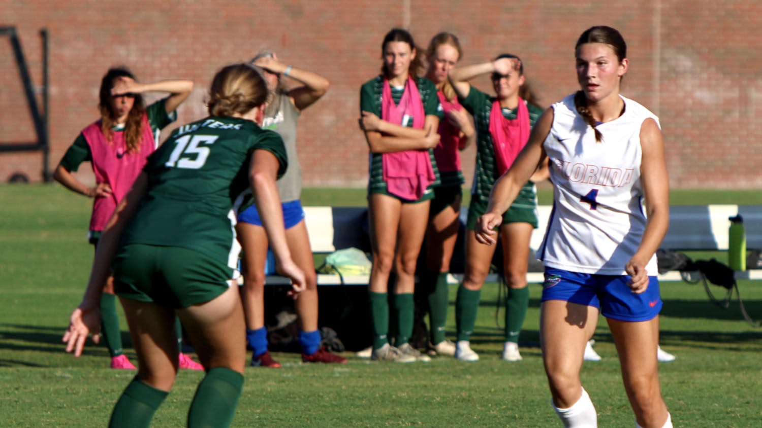 Freshman forward Megan Hinnenkamp takes on a defender in the Gators’ 8-0 win against the Stetson Hatters on Sunday, Aug. 27, 2023. 