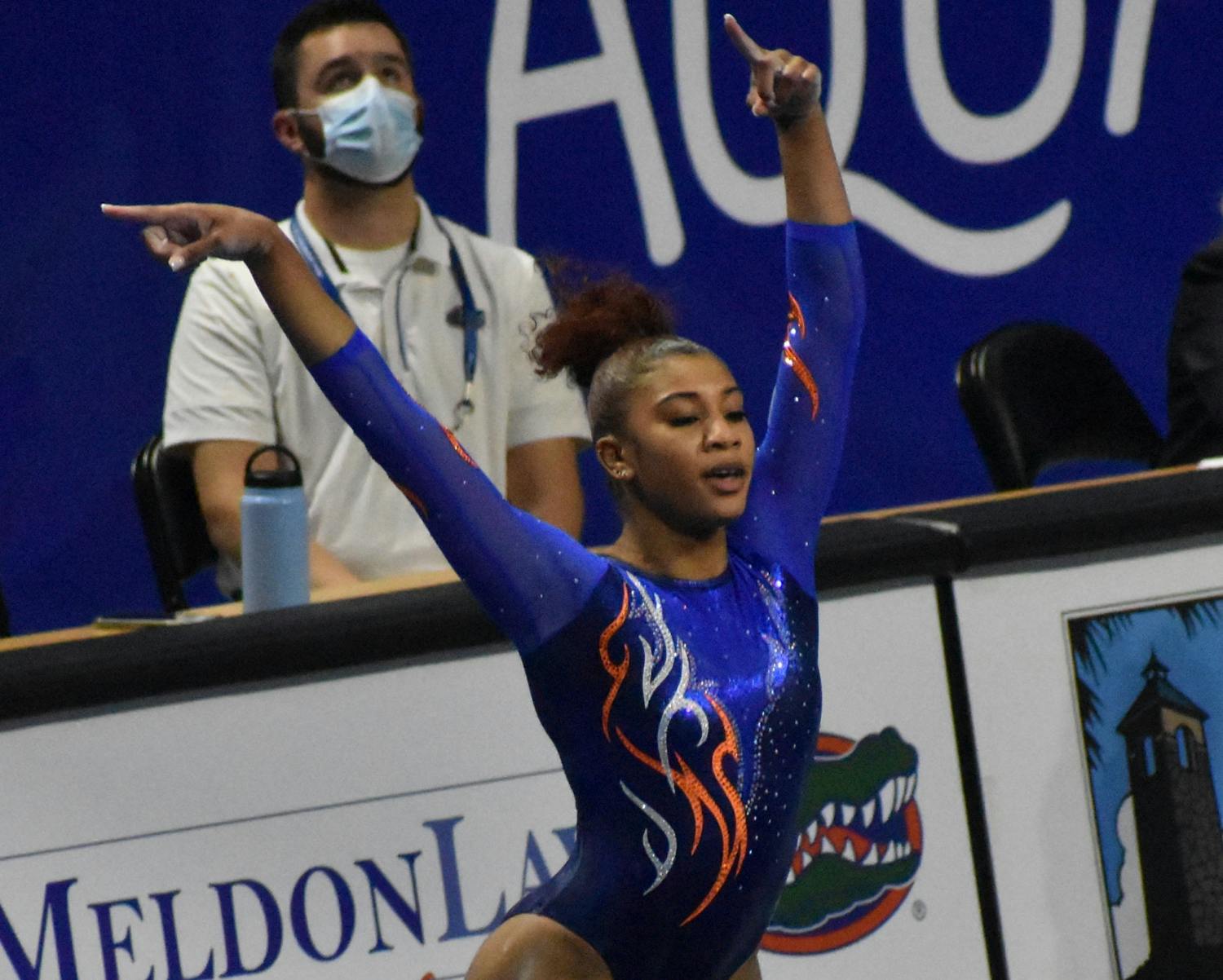 Nya Reed’s 9.95 punched her team’s ticket to the NCAA Semifinals. Photo from UF-Mizzou meet Jan. 29.