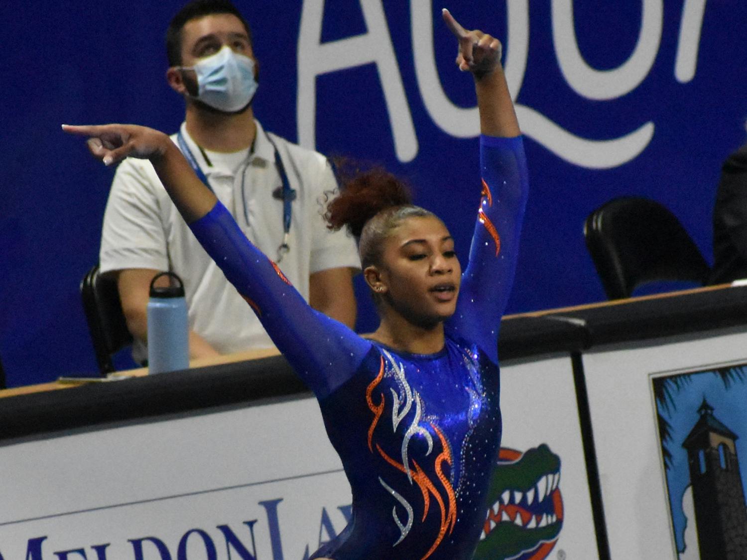 Nya Reed’s 9.95 punched her team’s ticket to the NCAA Semifinals. Photo from UF-Mizzou meet Jan. 29.