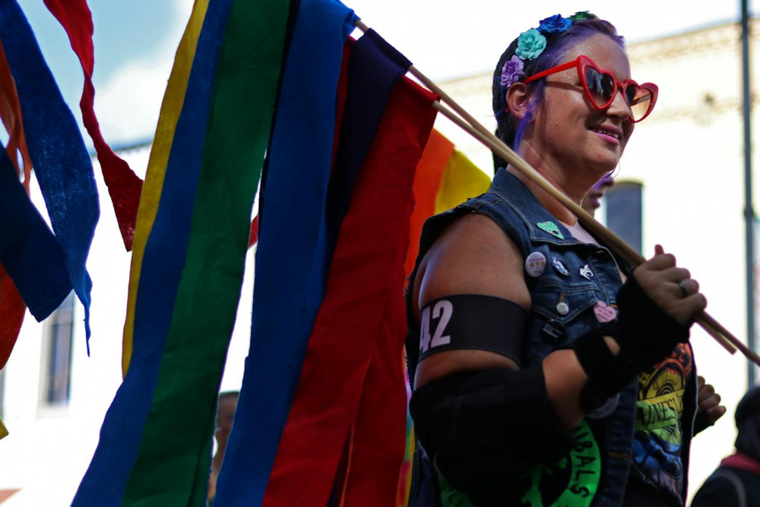 Jackie Korpela, known as Haley’s Vomit, a member of the Ocala Cannibals Roller Derby team, skates Saturday in the Gainesville Pride Parade that marched down University Avenue and ended at Bo Diddley Plaza.Correction: This caption has been updated to reflect the name of Korpela. 